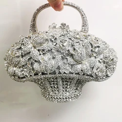 Borsa da sera in cristallo di metallo duro argento/blu a 4 colori pochette da sposa a forma di cesto di lusso borse da ballo con strass di diamanti