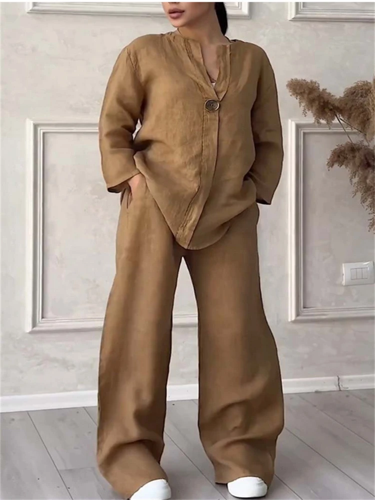 Women Autumn Spring Two piece Set Casual Solid V Neck Set Fashion Cotton and Linen Sets Shirt Top Wide-leg Pant Long Sleeve Suit