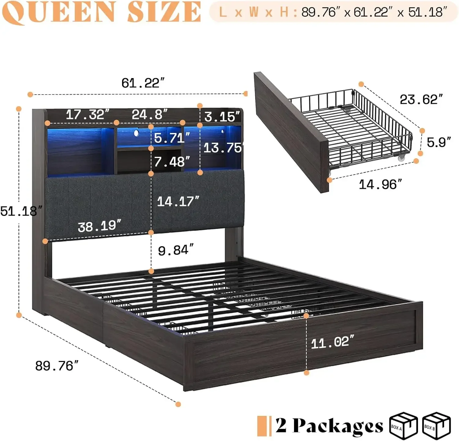 Queen Bed Frame Tall Bookcase Headboard Four Drawers Linen Upholstered