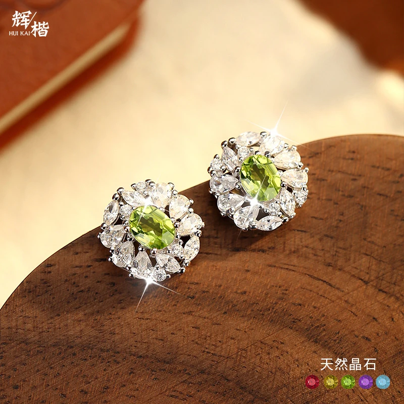 Elegant women's earrings studded with diamonds and natural stones, featuring blooming flowers, s925 sterling silver earr