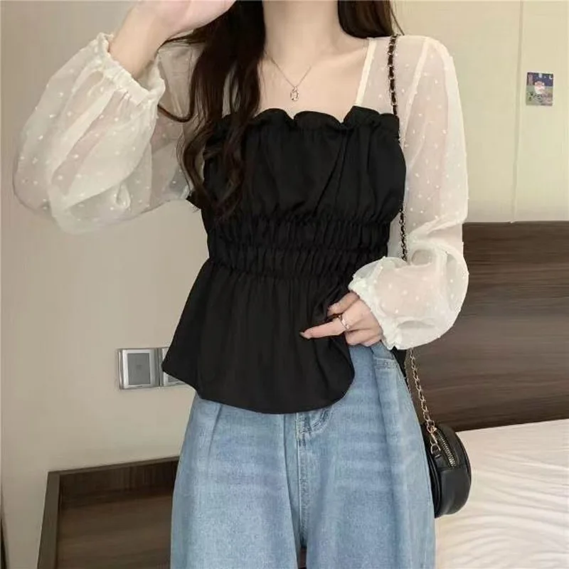 Classic Color Matching Fashion Net Penetration Ruffles Blouse Women New Long Sleeve Slash Neck Slim Korean All--match Lady Shirt