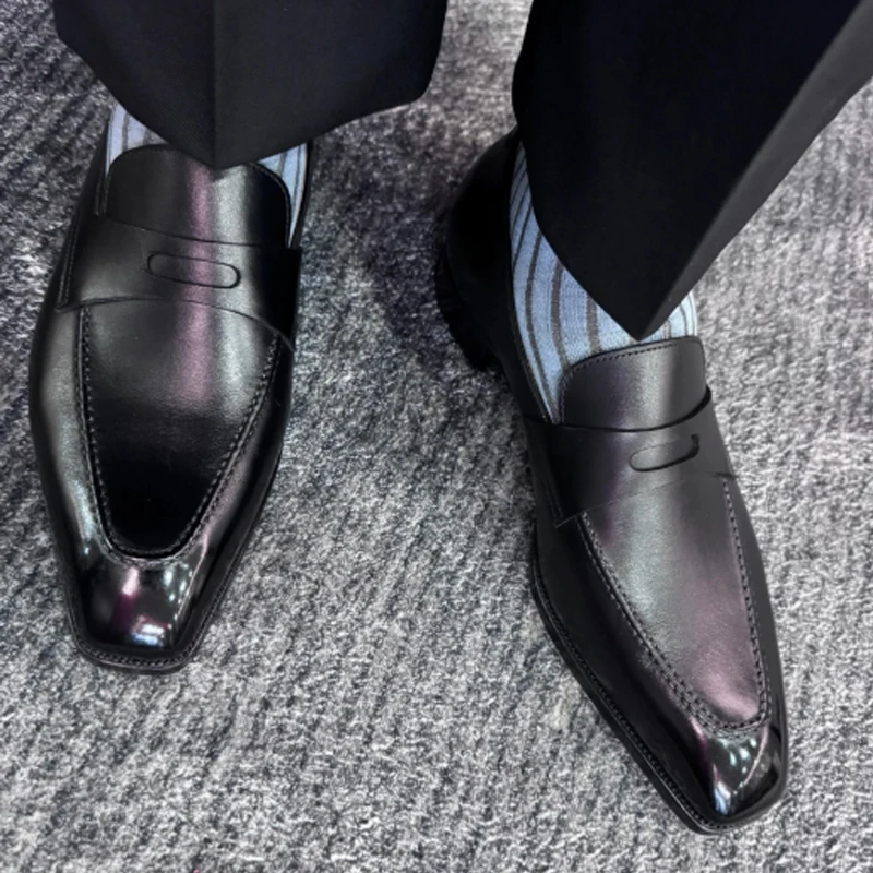 

Men's Black Square Toe Slip-On Penny Loafers 2026 Business Dress Shoes Formal Leather Loafers for Gentlemen Wedding Office
