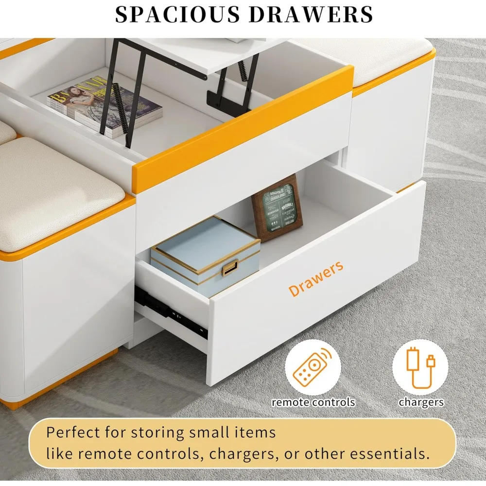 Mesa de centro elevatória 3 em 1 com 4 bancos de armazenamento, mesa central moderna de 47,2" com tampo dobrável, multifuncional ajustável