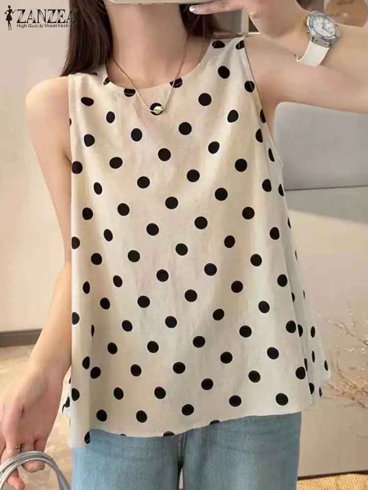 Women Casual Tanks Tops 2024 ZANZEA Fashion Holiday Beach Blusas Chemise Summer Bohemian Sleeveless Polka Dot Printed Blouse