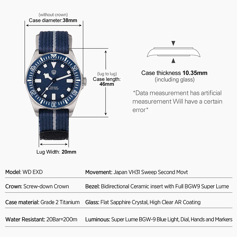Watchdives 38mm EXD Titanium Diver Watch Sapphire crystal mirror 