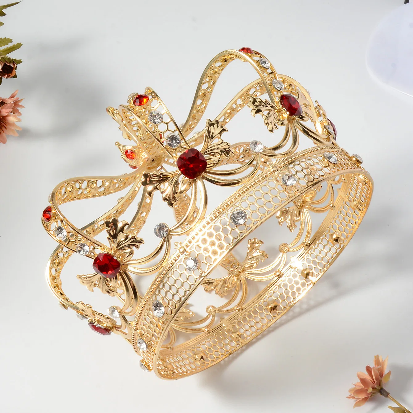 Prince Alloy Metal Round Tiaras Crowns Women Gold Red Crystal King Crowns Men European Costume Witch Pageant Headpieces