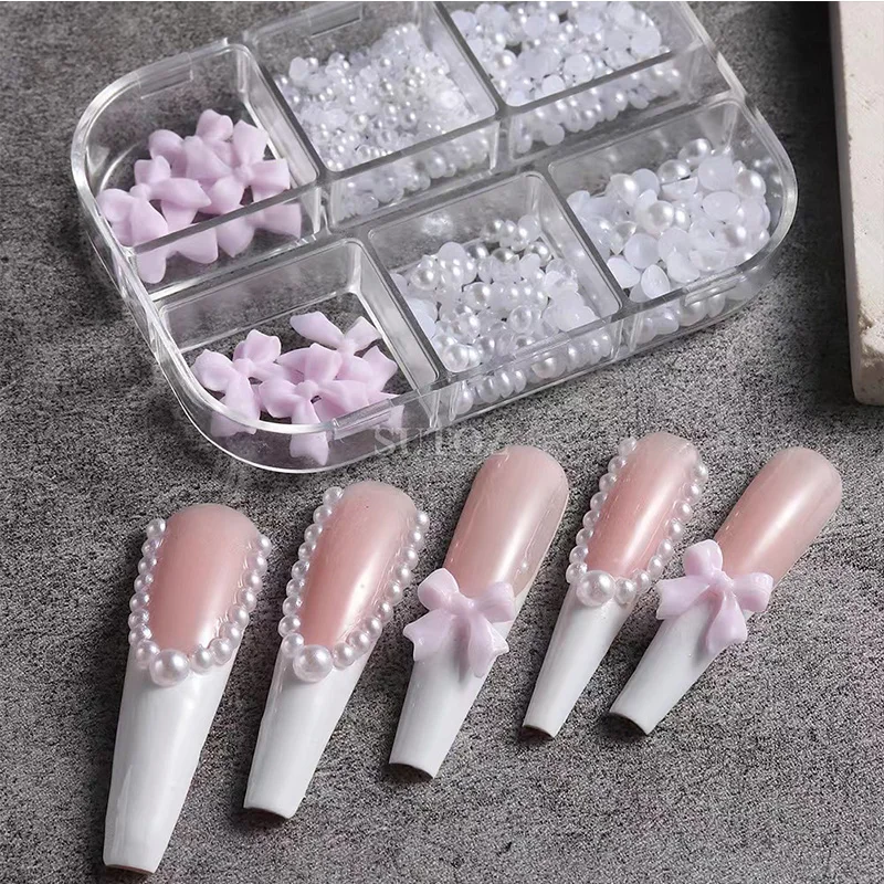 New Style Pink Resin Ballet Ribbon Bow Flat bottom Pearl  Nail Charm 3D Nail Art Decoration For DIY Korean Manicure Design