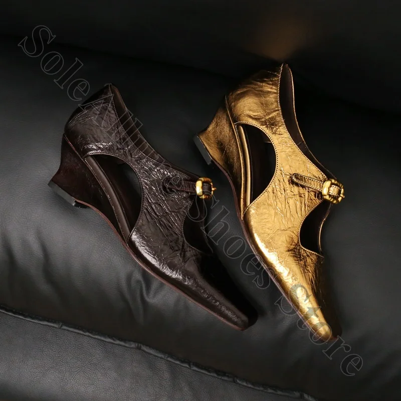 

Vintage Gold Buckle Wedge Pumps Crinkled Dark Brown Hollow Leather Grace Office Pumps
