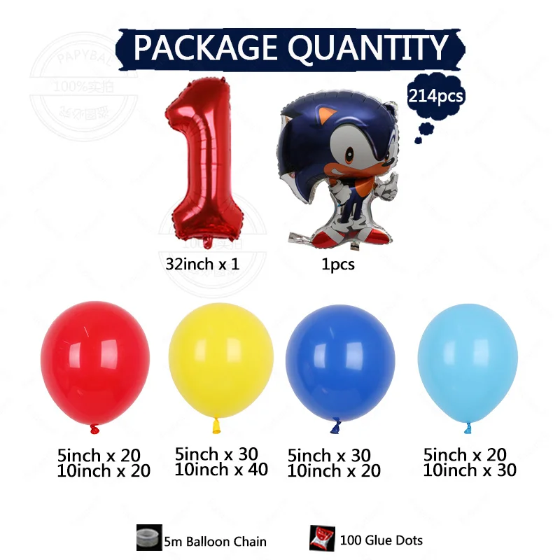 214szt Cartoon Sonic Themed Party Balloon Arch Kit Red Yellow Blue Latex Balloon Boy Birthday Party Decor Supplies Baby Shower