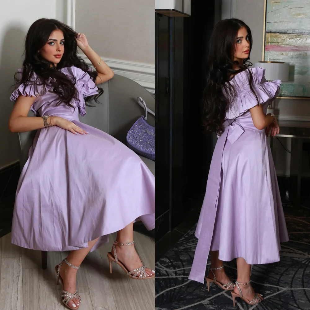 Jersey Bow Pleat Draped Formal Evening A-line Off-the-shoulder Bespoke Occasion Gown Midi Dresses