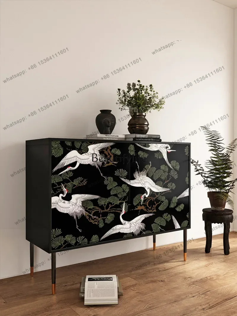 LD New Chinese Style Hallway Wall Integrated Painted Solid Wood Storage Crane Light Luxury Locker