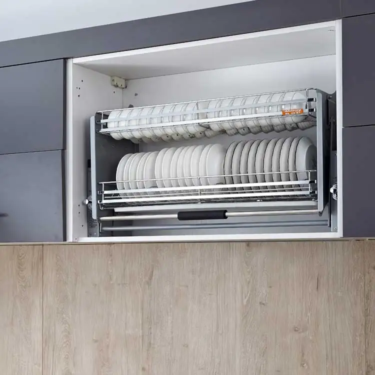 Küchenutensilien, Küchenschrank, Hebeaufbewahrung, flacher Draht, hochklappbar, nach unten ziehender, flacher Korb