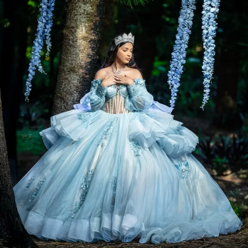 

Royal Blue Quinceanera Dress Glitter Flower Decal off-shoulder Lace layering Long tail Vestidos De 15 Quinceanera ﻿Customize