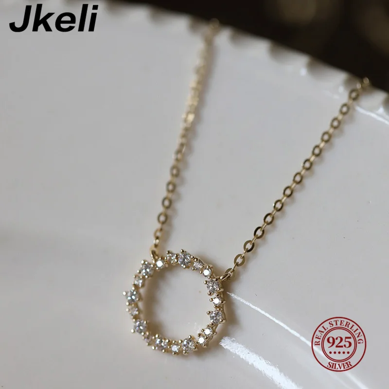 Jkeli -100% S925 Colar de Ouro 18k Banhado a Prata Esterlina, Estilo Círculo Diamante, Colar de Ouro K Japonês e Coreano