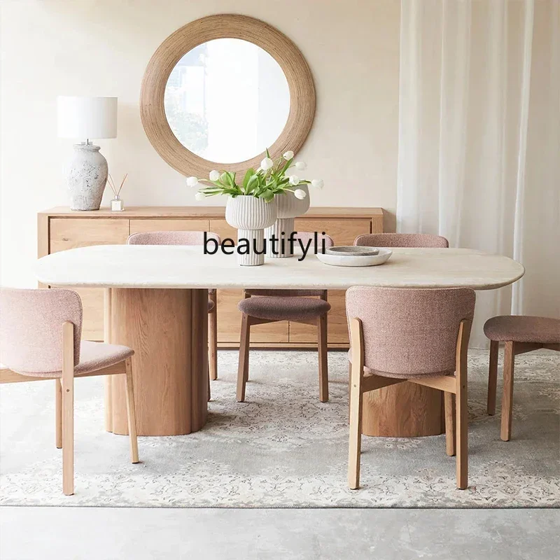 

Natural travertine dining table restaurant dining oval luxury stone table light luxury French dining table a16
