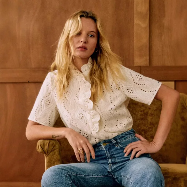 

French Sle Embroidered Hollow out Hook Flower ort Sve irt Upper Body Heavy Work Musoom Collar Cotton Ladies Top