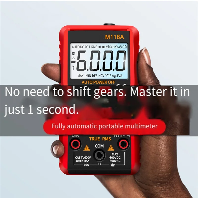 

CABE-M118A Цифровой мультиметр Тестер транзисторов True RMS Автоматический диапазон 6000 отсчетов NCV Удержание данных Функциональность фонарика