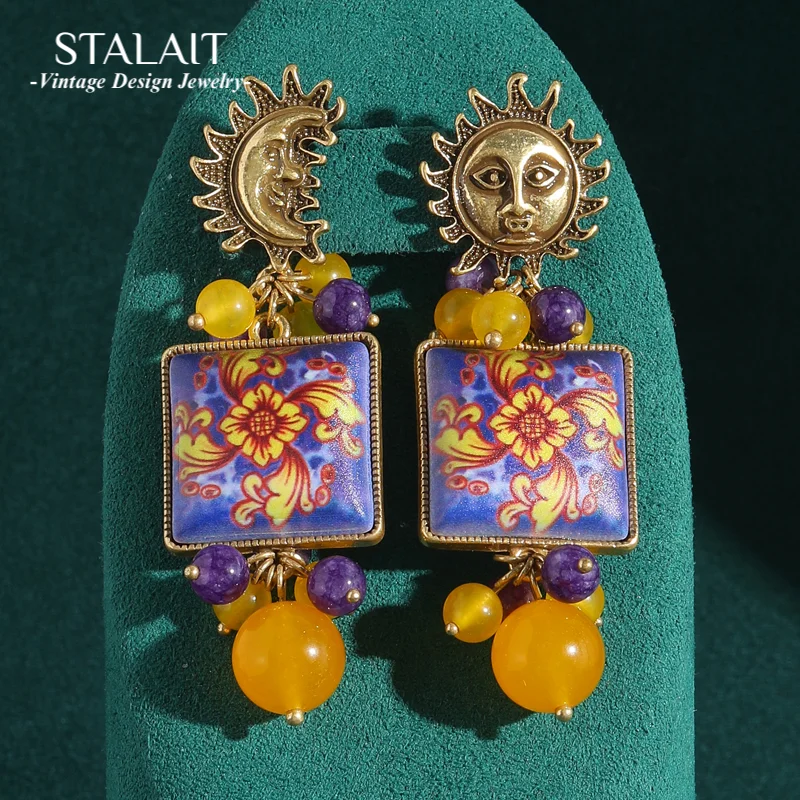 

Vintage Jewelry Sun Moon Drop Dangle Earrings Nature Stone Asymmetric Luxury Designer Gold Color Accessories For Woman 2025