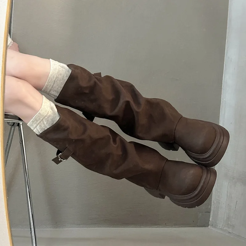 

New Block Heel Fold Vintage Pleated Stack Western Boots Women's Round Toe Studded Knee-Free Knee Knight Boots