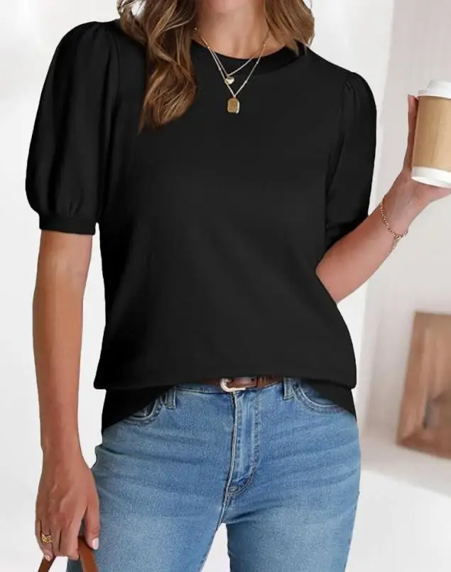 Women's Fashion Round Neck Sweater Top Female Clothing Spring New Casual Short Puff Sleeve Business Work Blouses for Women