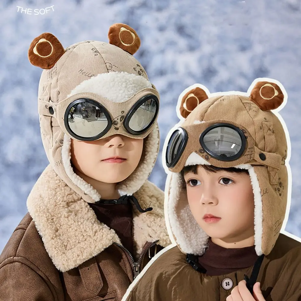 

Fashion Cute Cartoon Children Pilot Hat Cold Proof Windproof Ear Protection Cap Thickned with Glasses Warm Hat Winter