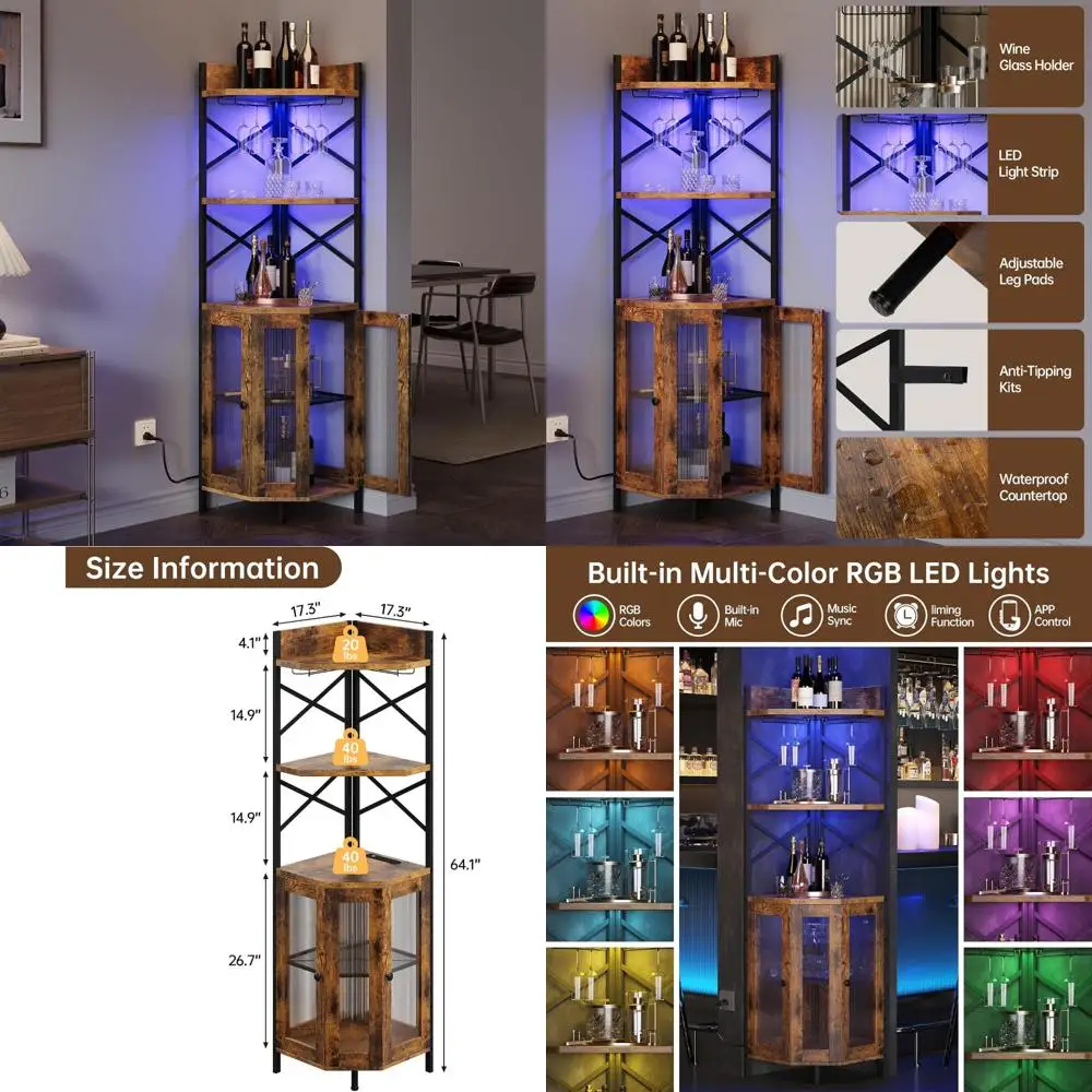 

5-Tier Corner Bar Cabinet with LED Lighting, Glass Holders and Power Outlet