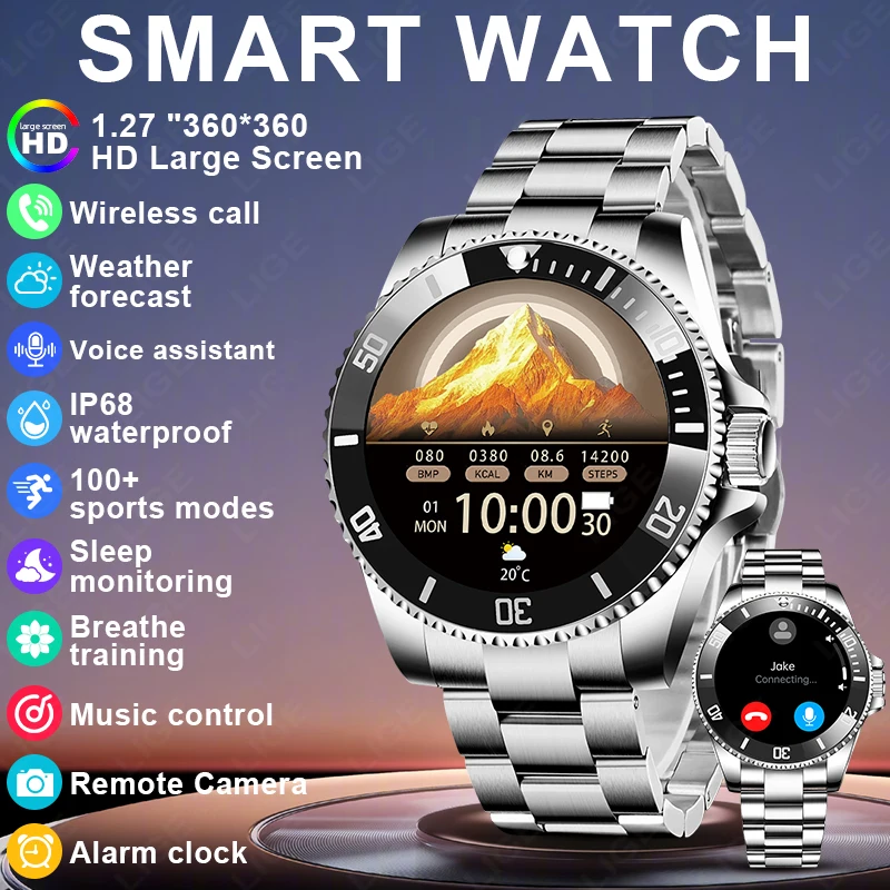 

LIGE New Luxury Steel Men's Smart Watch Voice Assistant Sleep Health Monitoring Bluetooth Call Smartwatch Men Pedometer Weather