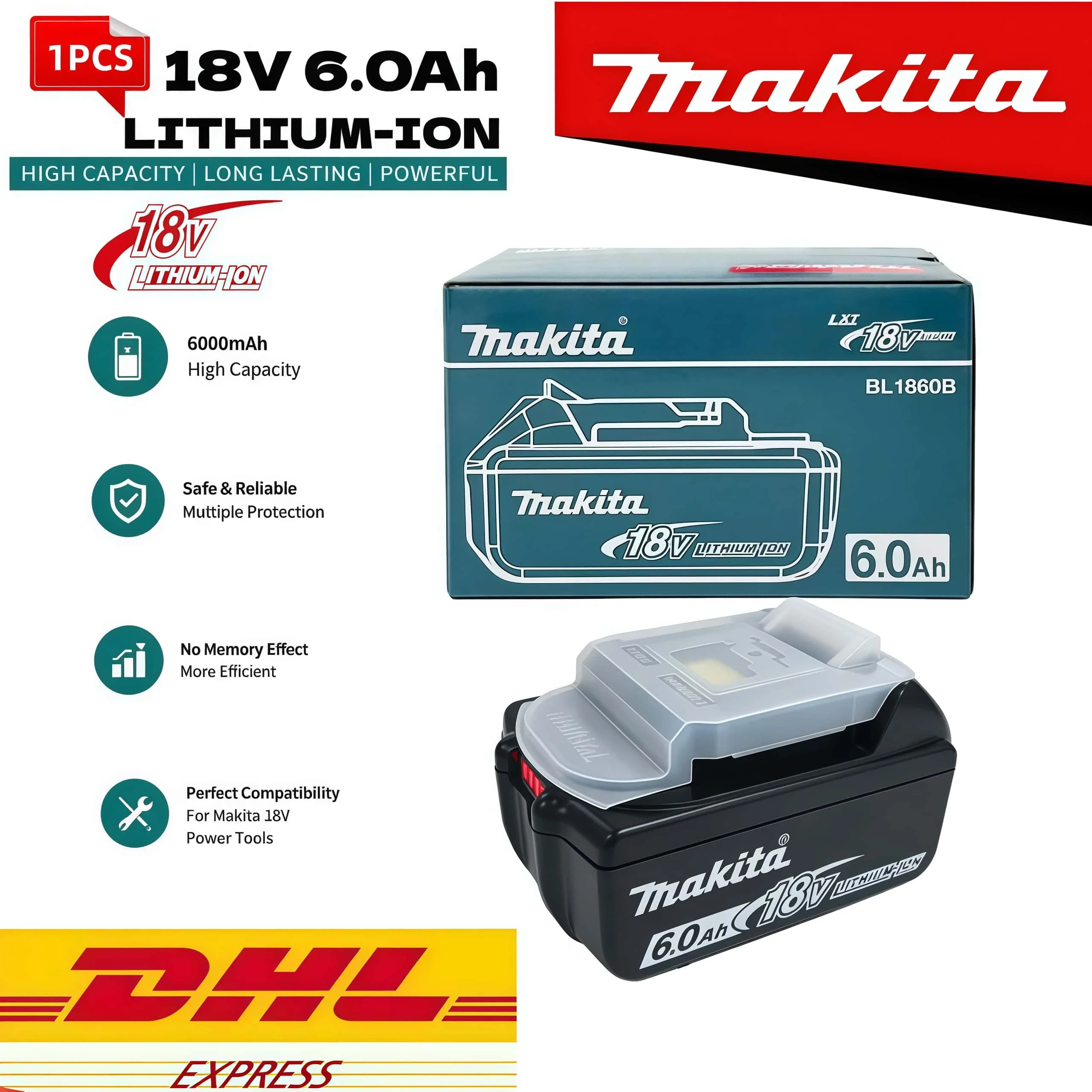 Genuine 6AH Makita BL1860B 6Ah Battery Power Tools Li-ion Replacement LXT BL1850 BL1840 for 18V Screwdriver with BMS 18V Battery image 3