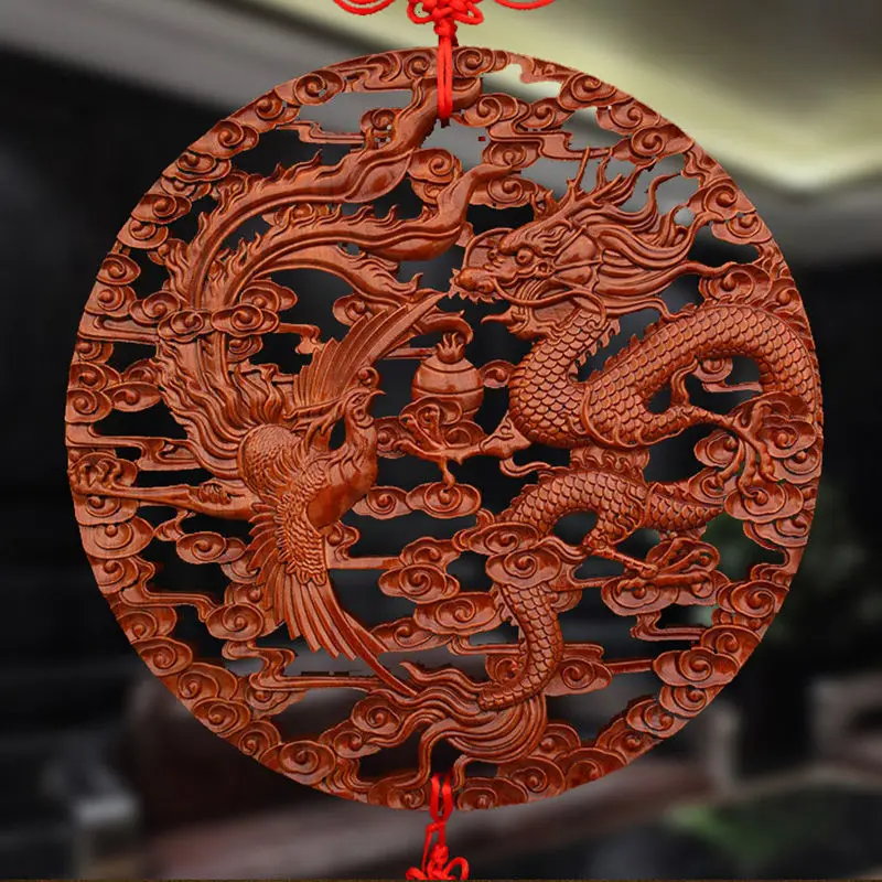 Peach Wood Xiangyun Dragon and Phoenix Chengxiang Chinese Knot Pendant Wood Carving Jewelry Living Room Bedroom Carving Wedding