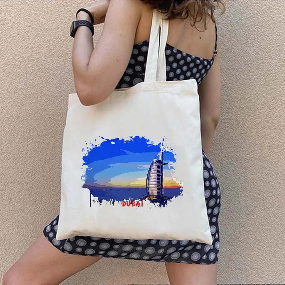 Dubai United Arab Emirates Watercolor Ink Oil Painting Shoulder Canvas Cotton Tote Bag Reusable Fashion Harajuku Shopper Handbag