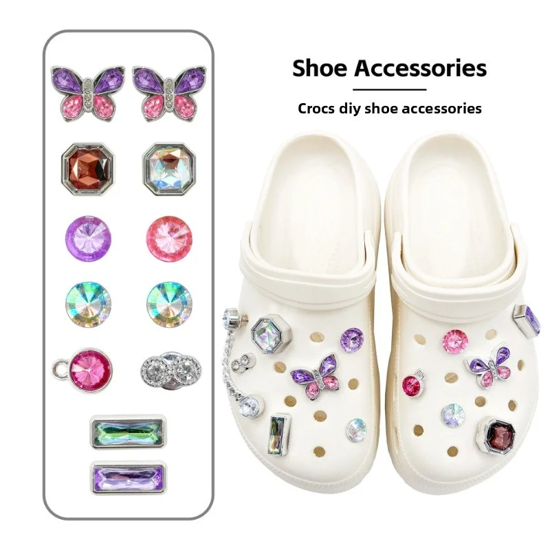 

13PCS Shoe Charms for Crocs Colorful Diamond Butterfly Chain Decoration Buckle for Croc Charms Set Accessories Woman Girls Gift