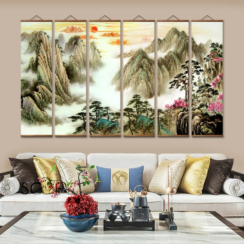 

AS2022 Chinese Rising Sun Landscape Decorative Wall Art Canvas Posters Solid Wood Scroll Paintings