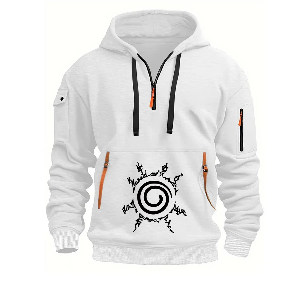 Naruto Seal Print Men Half Zip Tactical Hoodie Multi Pocket Sweatshirt Casual Streetwear Pullover For Male