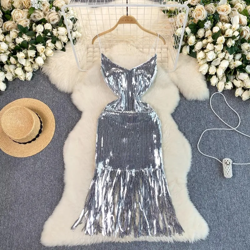 Sexy Sequin frędzle slip Dress Chic Vintage Evening Party Club Women Chic Slim Ceremonial Hip Wrap dresses — zdjęcie 4