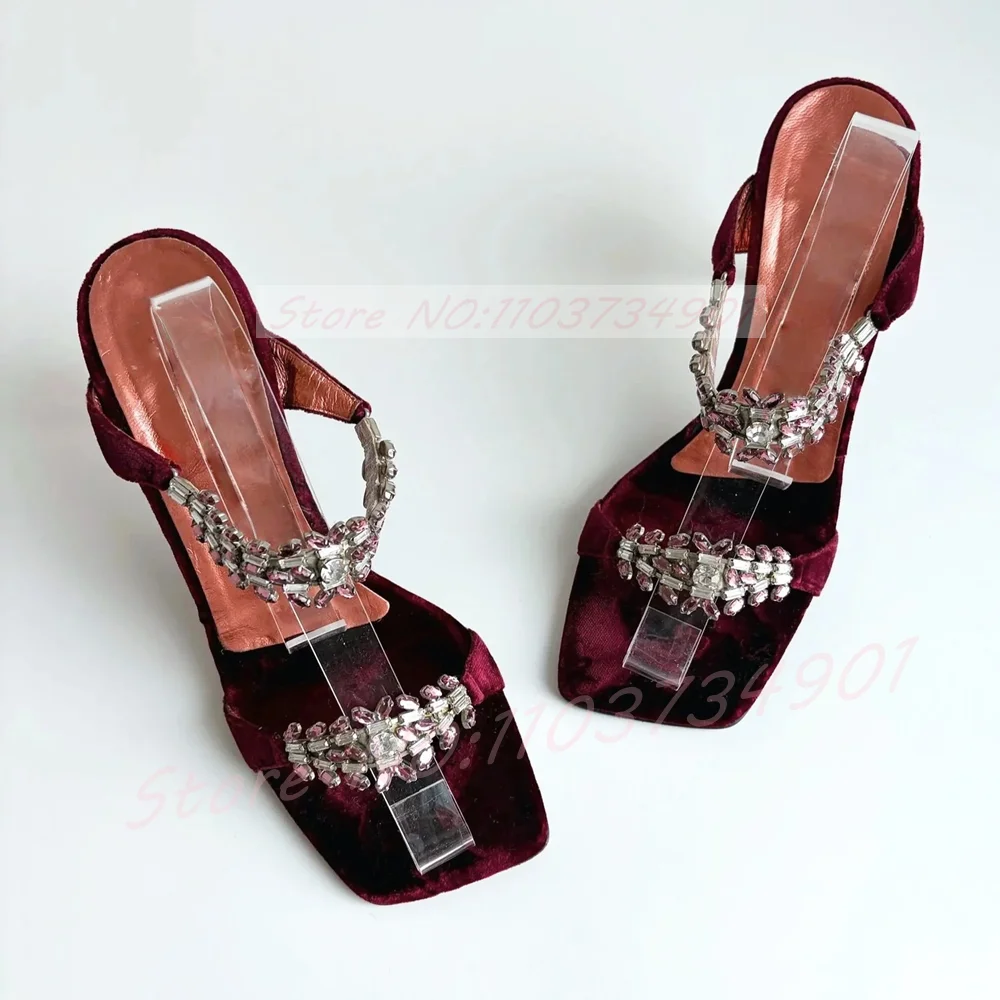 Pink Crystal Claret Velvet Heeled Mules Women Elegant Square Toe Front Strap Mules Feminine Dress Thin Heel Slippers