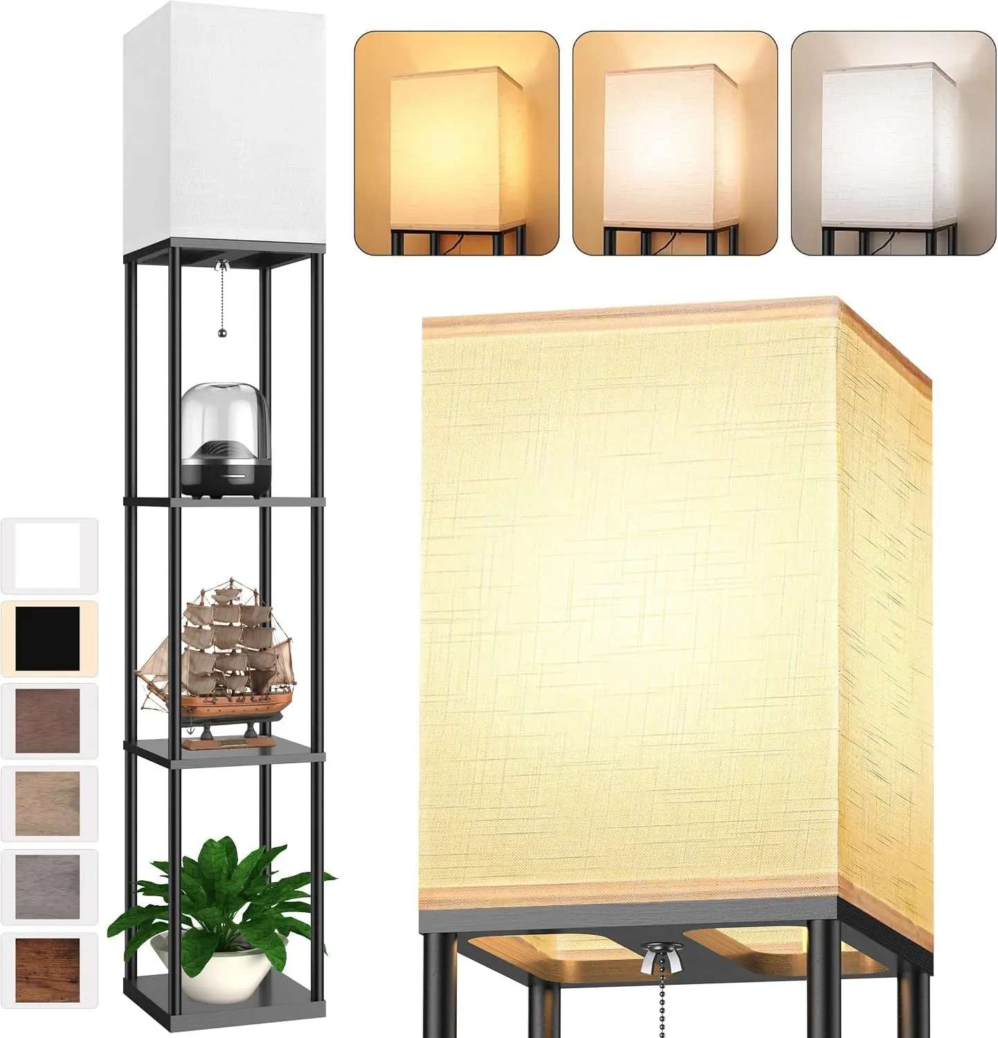 

Modern Corner Floor Lamp with Shelves, 3-Tier Storage and Adjustable LED Lighting for Living Room or Bedroom