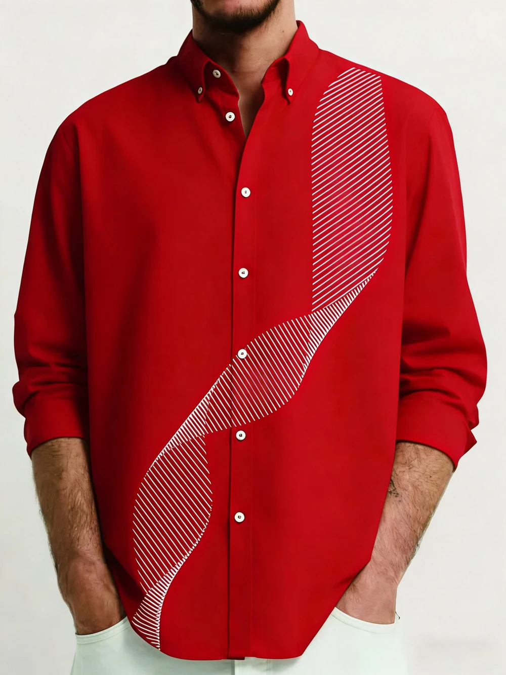 2025 Camisa ligera de lujo con estampado 3D de cadena de negocios para hombre, fiesta en casa, manga larga, botón de solapa, ropa hawaiana de manga larga para hombre