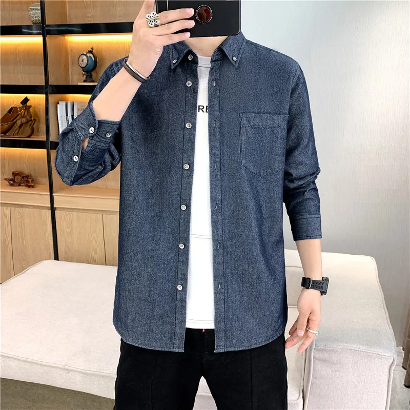 

2024 autumn casual loose denim jacket men's long sleeved shirt Hong Kong style denim shirt minimalist jacket
