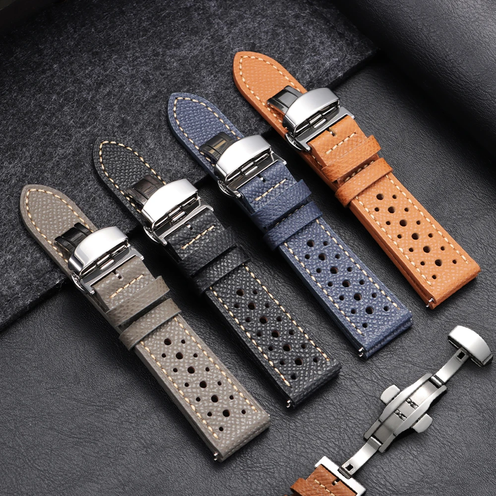 Vintage Handmade Watch Strap 18mm 19 20mm 22mm Leather Strap Gray Black Brown Blue Breathable Watchbands Quick Release Wristband