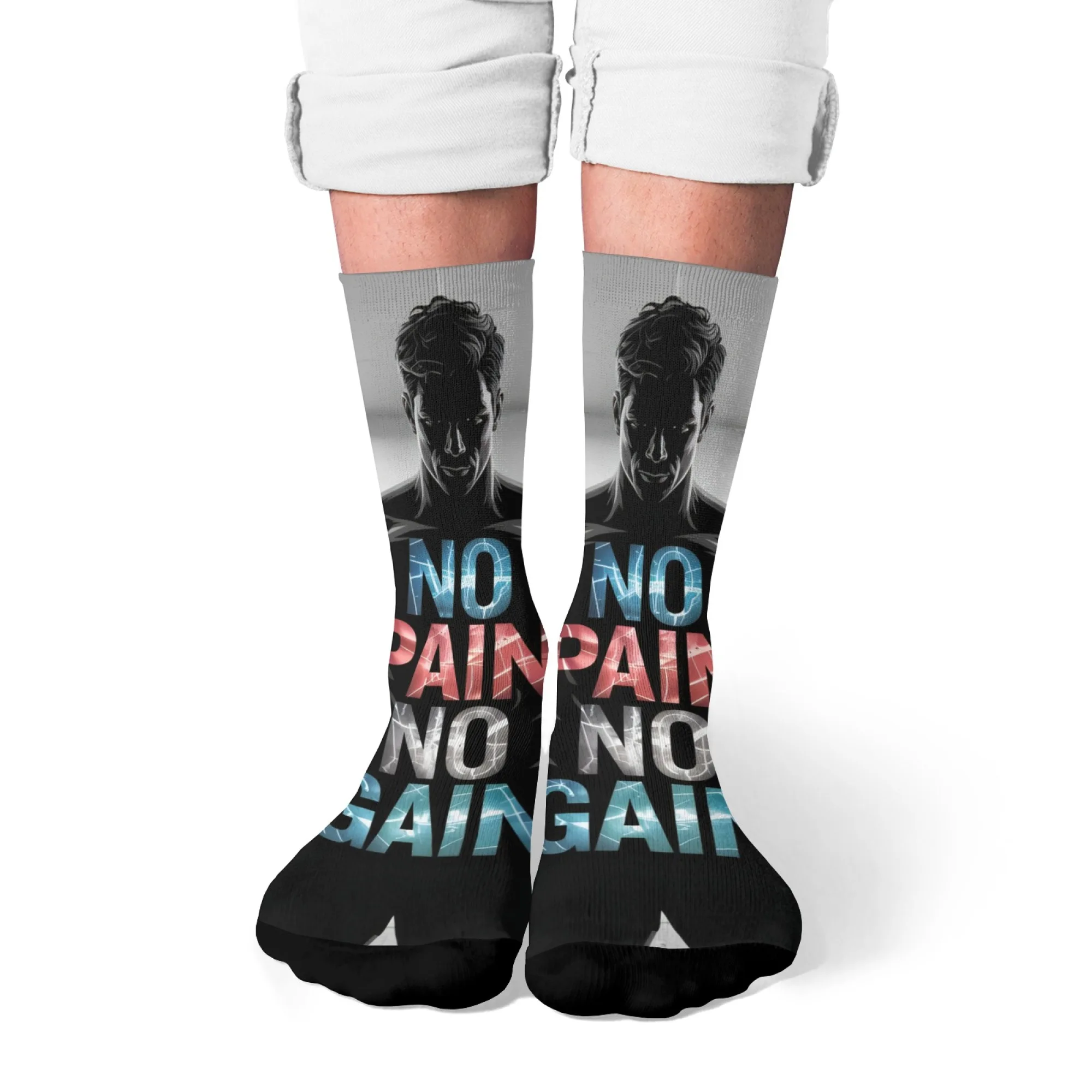 

Vintage Bodybuilding 'No Pain No Gain' Socks，1970s Gym Poster Typography with Weightlifter Silhouettes，Distressed Retro Print