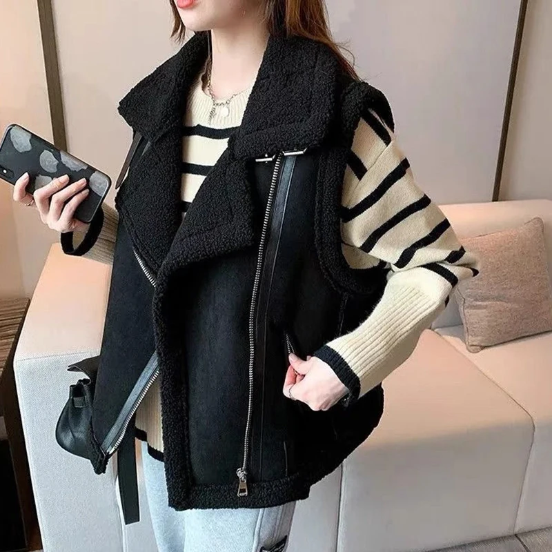 Falso shearling sem mangas jaqueta feminina rua casual zip tanque harajuku y2k clássico simples topo inverno grosso casaco quente