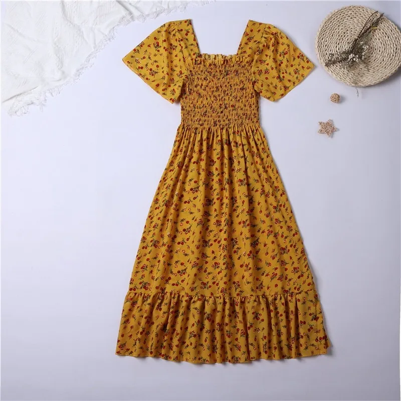 Vestido de gasa de primavera verano para mujer, vestido midi de manga corta, cintura elástica, estampado floral, plisado, espalda descubierta, casual 4