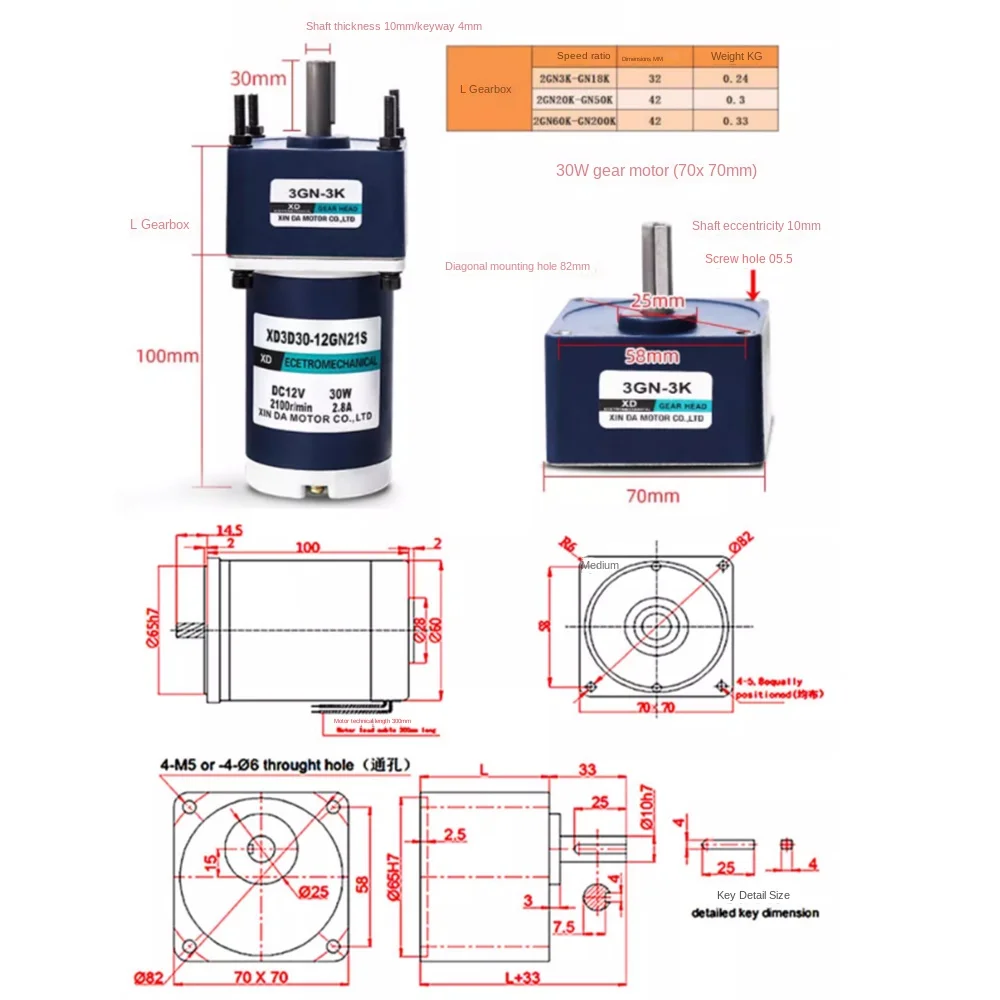 12V 24V Micro Metal DC Electric Geared Motor 30W Slow Speed 10-600RPM Low Noise Reversible Motor Adjustable Speed