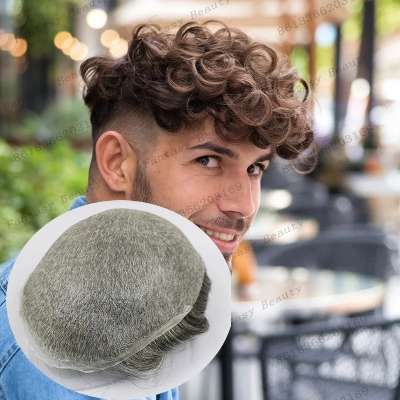 

Европейский коричневый, черный, серый, ультратонкая кожа, основа 0,02 мм, мужской парик, необнаружимый, 28 мм, вьющиеся мужские протезы из человеческих волос, капиллярный