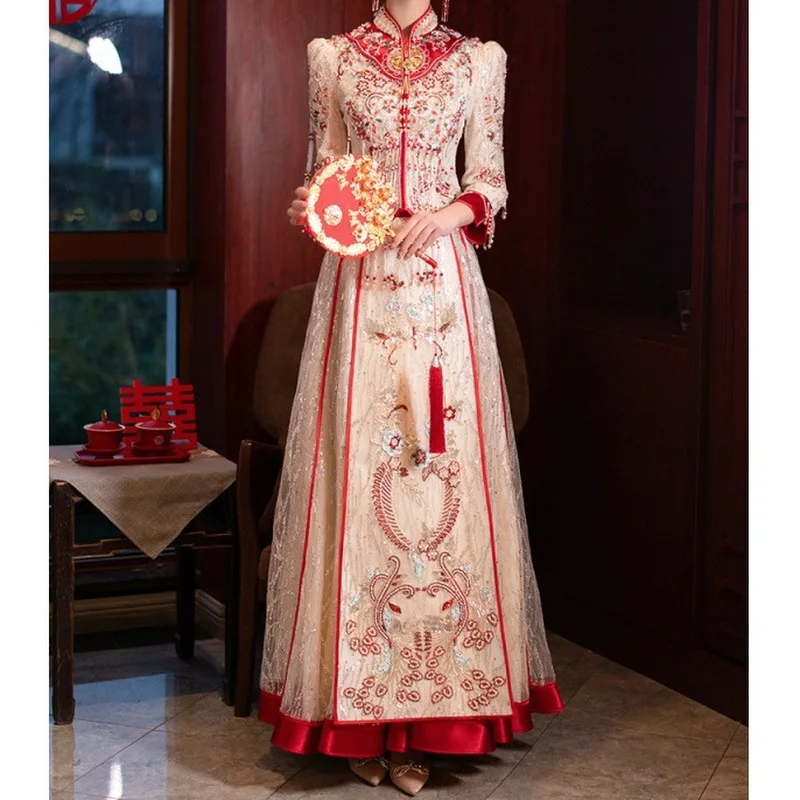 Champagne Senior Xiuhe Dress 2023 New Bride Chinese Traditional Wedding Dress Light Luxury Summer Thin Tang Suit Newly Married