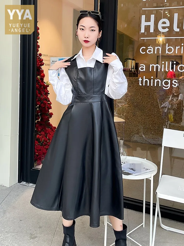 

Women Genuine Leather Dress Square Neck Tank Long Dress Solid Color Design Sheepskin Fashion High Waist Sleeveless A-Line Dress