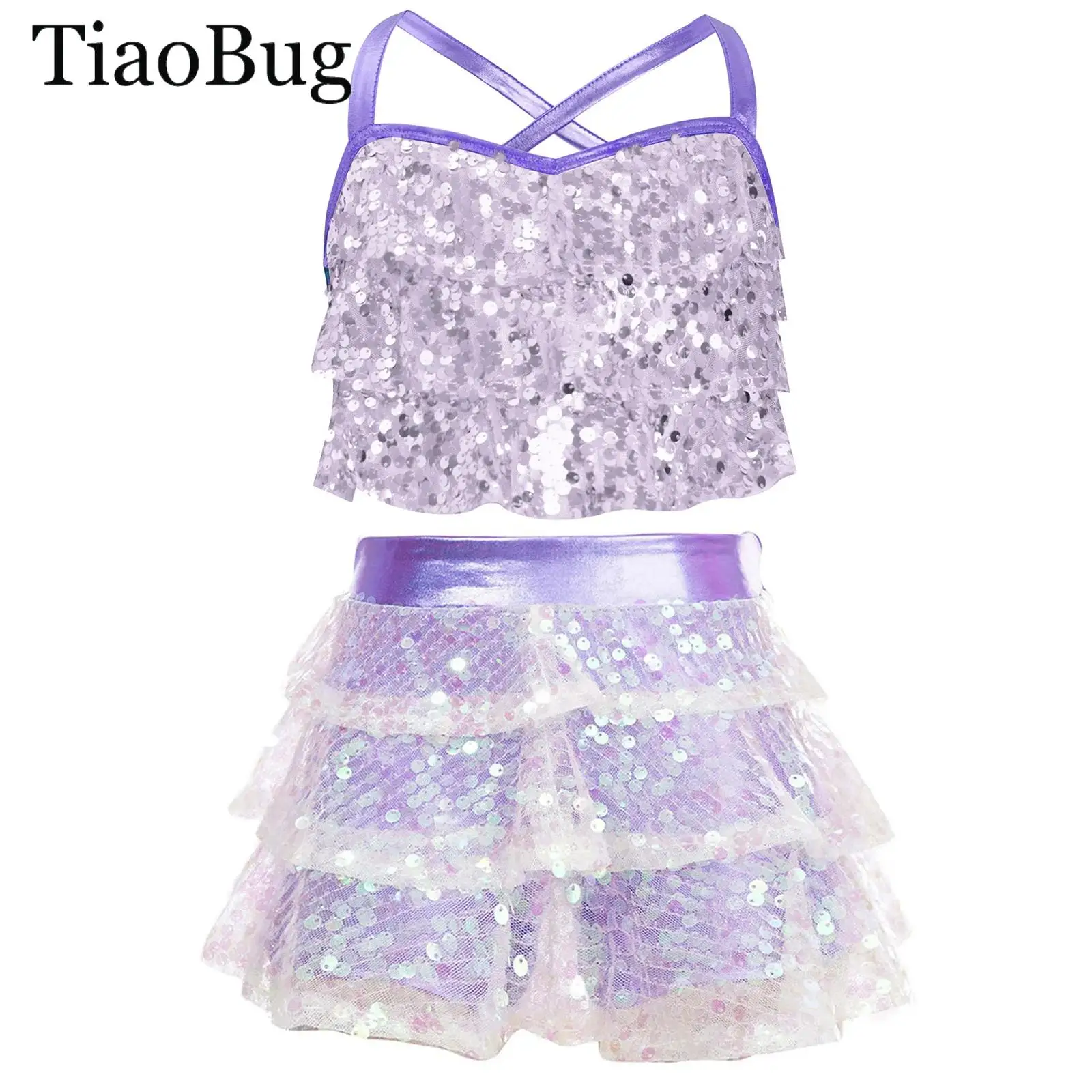 

Girls Ballet Jazz Dance Outfit Glitter Sequin Metallic Crop Top with Tiered Culottes Skirted Shorts Latin Cheerleading Costumes