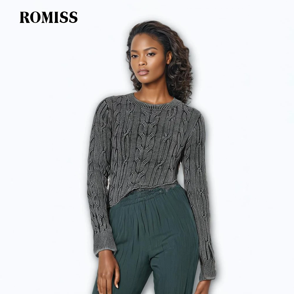 ROMISS Solid Irregular Hem Knitted Sweater For Women Round Neck Long Sleeve Minimalist Slimming Pullover Sweaters Female Fashion