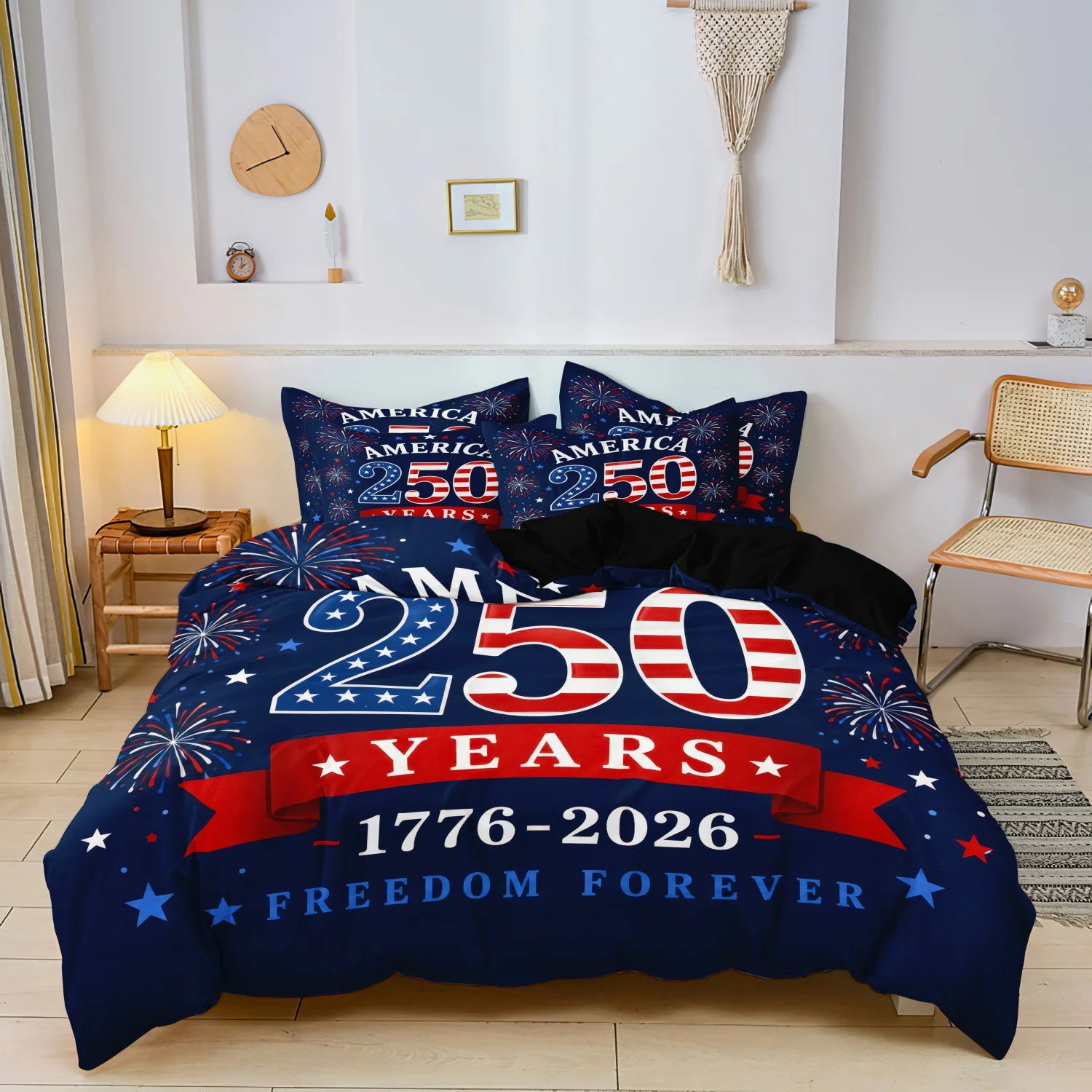 3 Pieces Vintage Patriotic America Print Duvet Cover Set, Red White Blue Star Firework Ribbon National Holiday Pattern Bedding