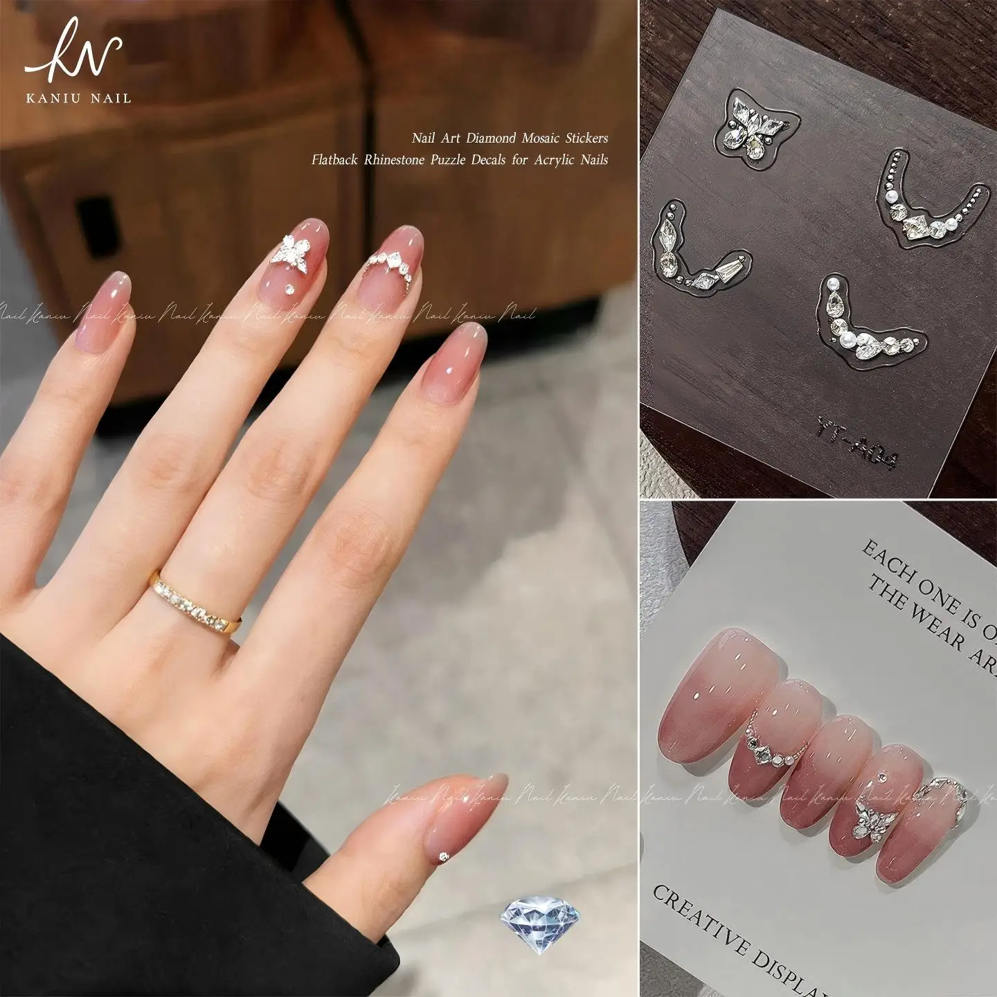 Luxuriöse Strass-Aufkleber 5A Glitzernde 3D-Schmetterling-Herz-Rhombus-Perlen-Zirkon-Nageldekoration Selbstklebende Französische Strass-Nagelaufkleber